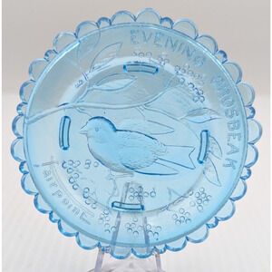 Evening Grosbeak Bird Glass Window Decor Pairpoint Cup Plate Blue Vintage 3.5"